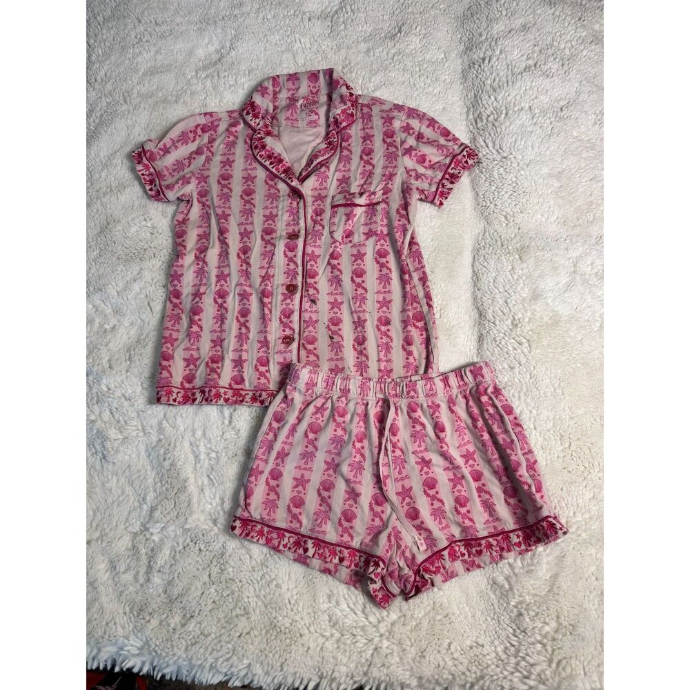 Pink Palm Puff Pajama Set XS Pink Supima Cotton Coastal Shell Starfish